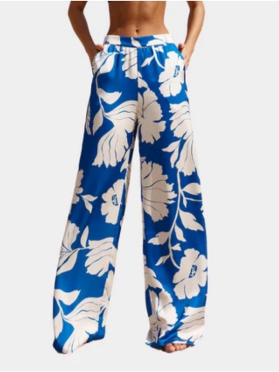 House of Harlow 1960 Pants - House of Harlow Blue White Wide Leg Satin Trouser Pants Size Large High Rise